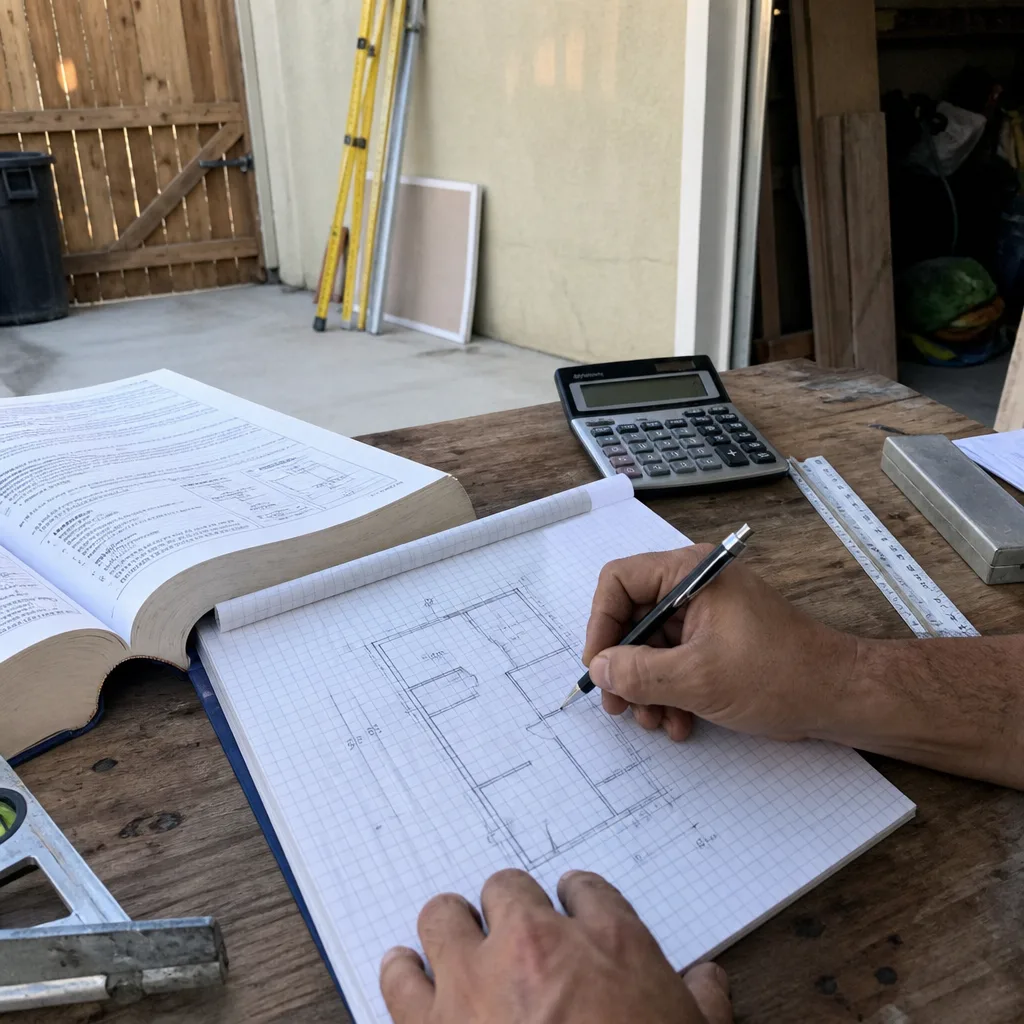 Architect drawing ADU floor plans at a workbench with construction tools