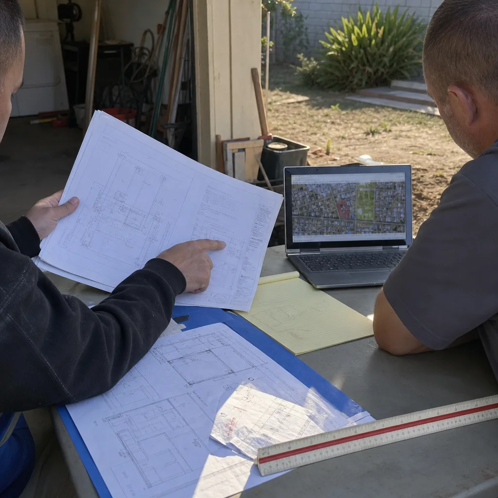 Two professionals reviewing ADU design blueprints and site maps