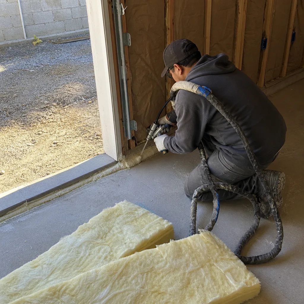 Worker applying spray foam insulation during a garage conversion ADU project