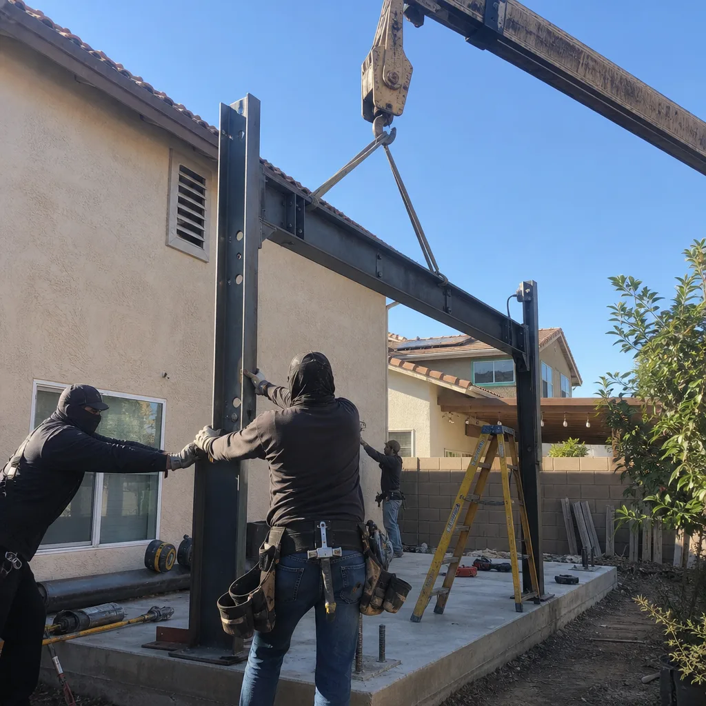Construction crew installing structural steel frame for a new detached ADU