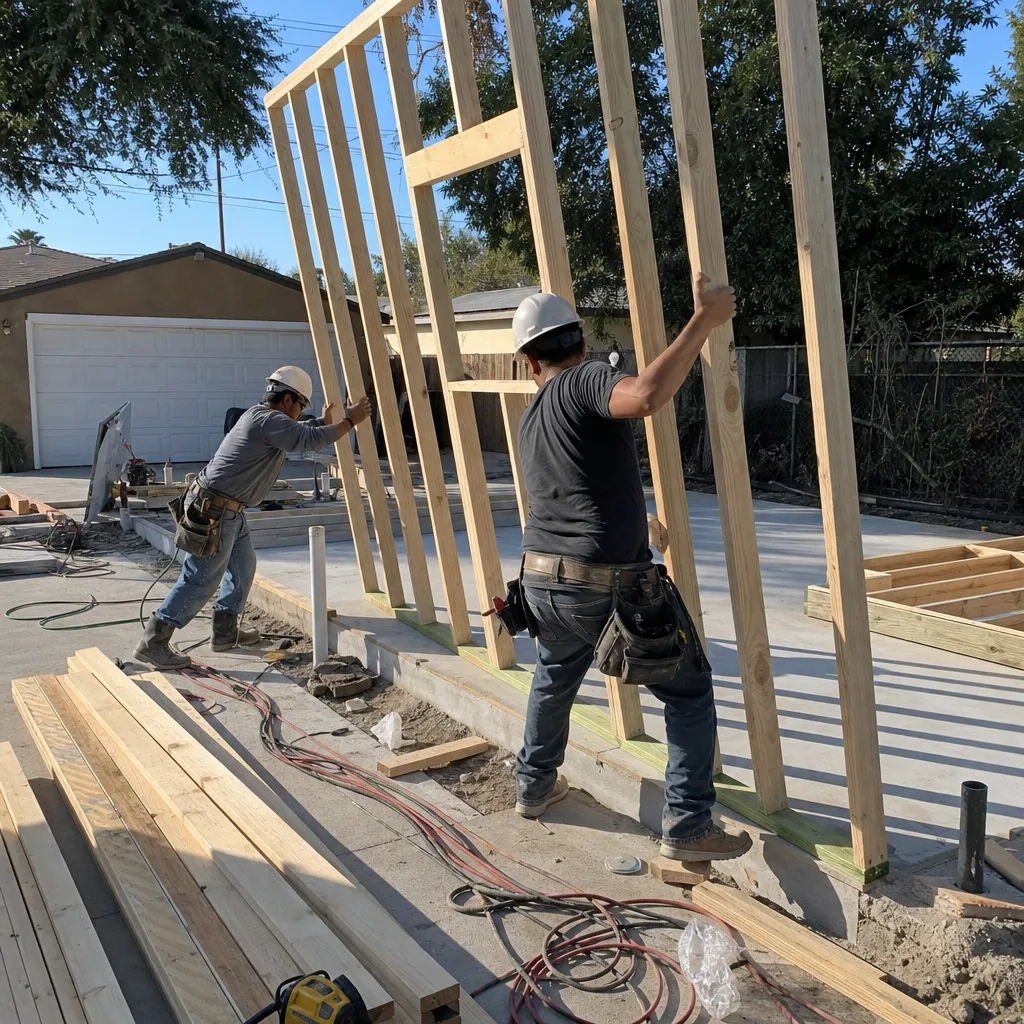 Two construction workers raising a wooden wall frame for an ADU.